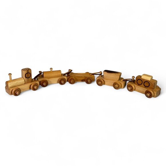 Vintage Handmade Wooden Toy Train Set – Engine & 4 Cars Natural Wood - Picture 1 of 11